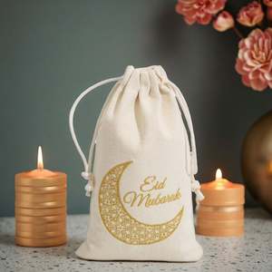 Sac cadeau recyclable Pafu Ramadan Kareem pour les fournitures de fête musulmane, Eid Mubarak, coton, cordon de serrage, bonbons, riz et graines - Product Image 2