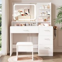 Coiffeuse avec miroir LED intelligent et station de charge, ensemble de coiffeuse blanche de 34,1 pouces avec tabouret rembourré