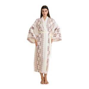 Bata de satén suave para mujer, de gasa estampada, manga larga, color marrón dorado, bordada, holgada, para dormir, ropa de casa cómoda - Product Image 5