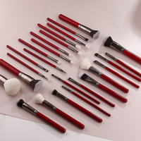Ensemble de 25 pinceaux de maquillage pour le visage avec manche en bois rouge et tube en aluminium argenté, poils synthétiques doux, pour le fond de teint, les fards à paupières et le blush, usage quotidien
