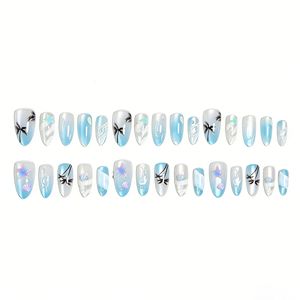 30 faux ongles à presser, bleu chrome, style français, couvrance totale, forme amande moyenne, motif floral, longue durée, réutilisables - Product Image 1