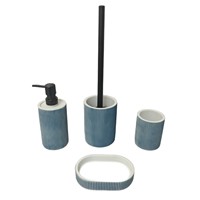 Ensemble d'accessoires de salle de bain en polyrésine côtelée bleu et blanc, 4 pièces : distributeur de savon, porte-brosse à dents, porte-brosse WC, porte-savon