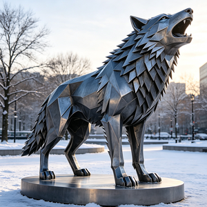 Escultura de Lobo Geométrica Facetada de Acero Inoxidable, Gran Adorno Metálico de Lobo a Guincho, un Monumento para Plazas Urbanas - Product Image 6