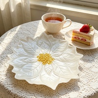 Assiette de service en verre avec centre floral 3D doré, pour mariage, banquet, décoration de la maison, plat en verre, centre de table, restaurant, goûter