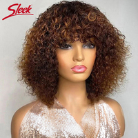 Perruques Courtes Bob Brésiliennes en Cheveux Remy avec Frange, Perruque Complète Bouclée Jerry Blonde Miel Colorée pour Femmes