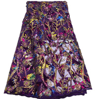 Tissu en dentelle de velours élastique brodé de paillettes et de perles multicolores, 100% polyester