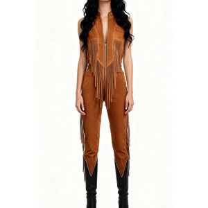 Mono de moda para mujer, estilo vintage, con flecos y borlas, de ante marrón, estilo western - Product Image 1