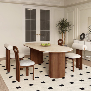 Set di Tavolo da Pranzo Ovale e Sedie in Legno con Piano in Pietra, Stile Moderno Francese di Lusso, Arredamento per Sala da Pranzo - Product Image 3