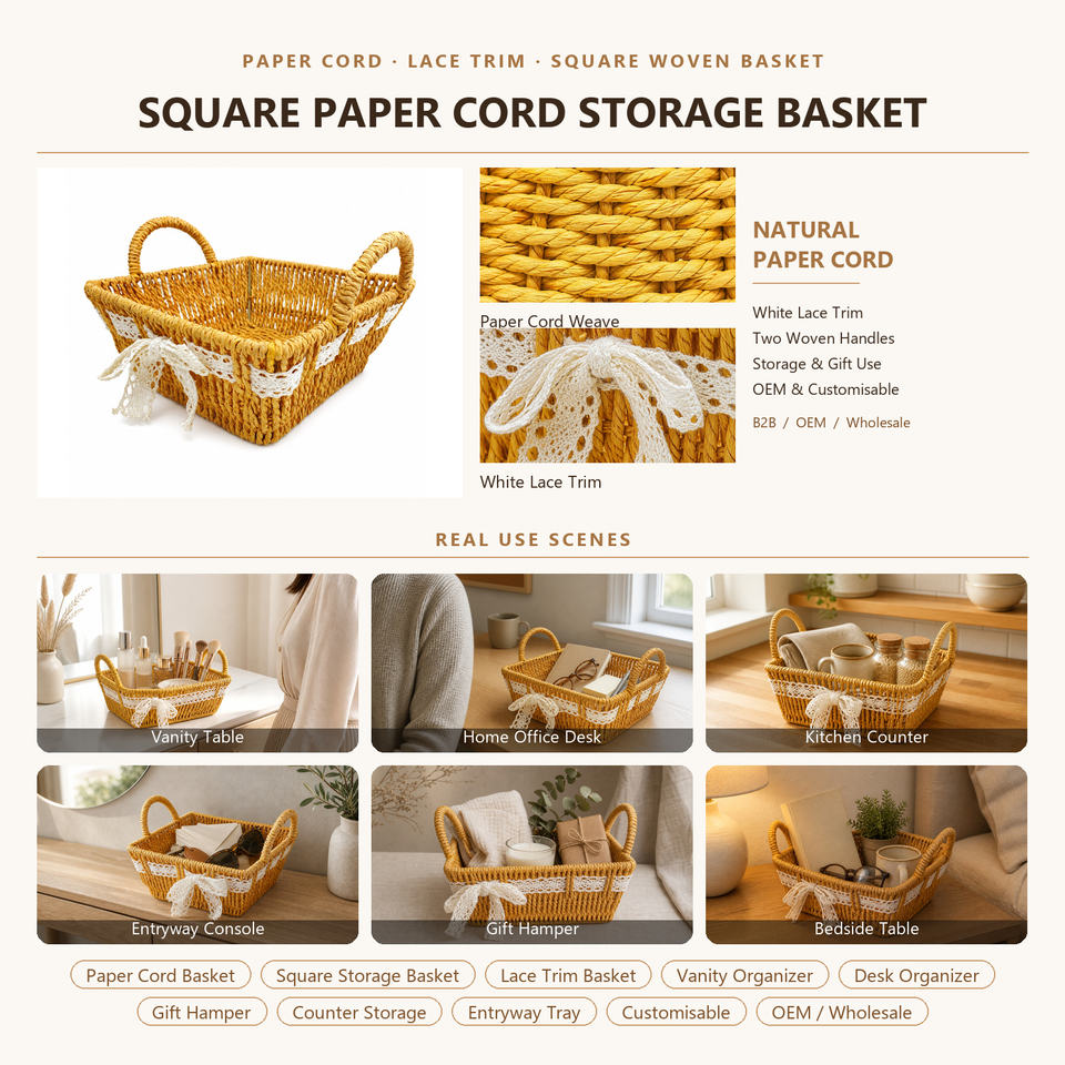 Handwoven Paper Cord Basket with Two Handles, Desktop Vanity Storage ...