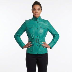 Blouson Bomber en Cuir Vert Émeraude pour Femme, Ceinturé, Col Montant, Écologique, Respirant, Coupe Ajustée, Vêtement d'extérieur – Vente en Gros - Product Image 1