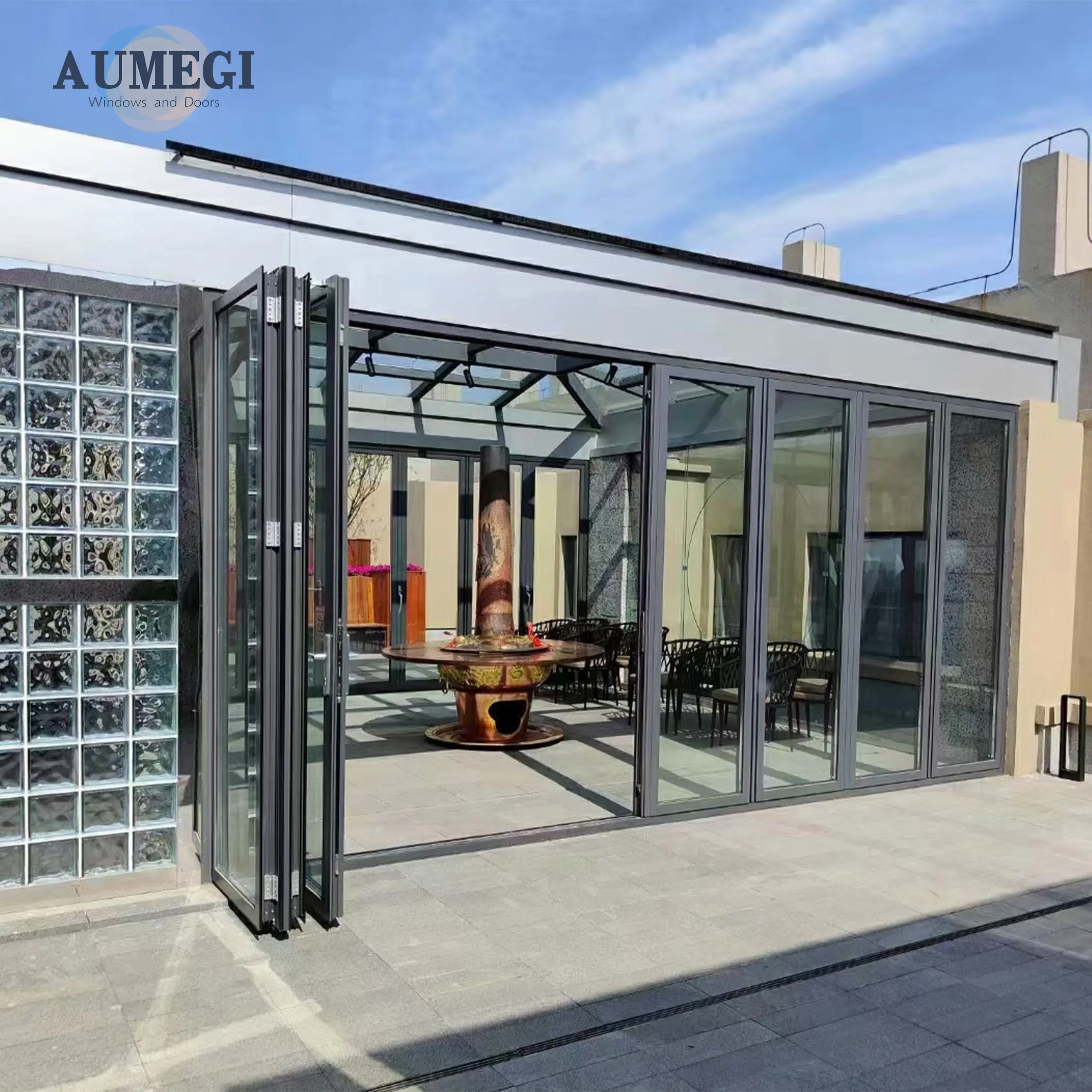 Aumegi ประตูบานกระจกพับได้, ประตูอลูมิเนียมพับได้พับได้ฝาพับได้ทำจากวัสดุอลูมิเนียม