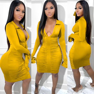 Solid Color Custom LOGO Turn Down Collar <strong>Draw</strong> Pleated Wrap Buttock Sexy Dress Skirt Mid-Skirt <strong>Clothes</strong> Women - Product Image 5
