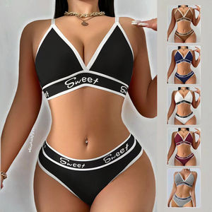 Ensemble soutien-gorge sans couture en coton à armatures et string ajustable, lingerie sexy unie pour femme, culotte bikini, mode sportive avec logo à la taille - Product Image 3