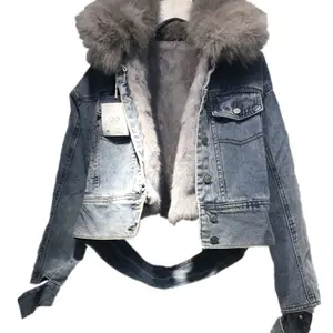 New Winter Jacket Women Korean Style Detachable Rabbit Fur Liner Denim Jacket Real Fur Collar Cropped Coats Shorts Jean Jacket