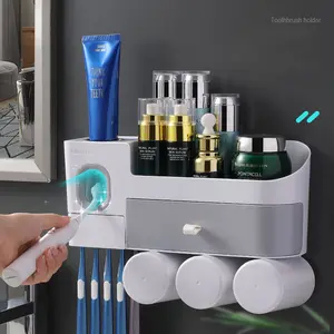 Juego de almacenamiento para baño sin perforaciones, soporte adhesivo de plástico montado en la pared para cepillo de dientes, dispensador automático de pasta dental