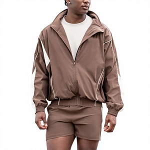 Men's Brown Track Jacket <b>Set</b> Solid Color Zip-Up Hooded Casual Outerwear Breathable <b>Knitted</b> Polyester <b>Set</b> - Product Image 1