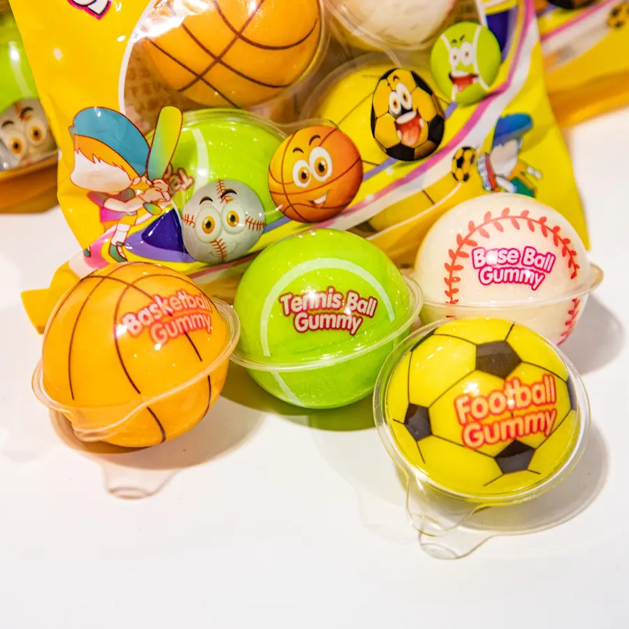 Diseño relleno fruta sabor gomoso bola Fútbol Tenis maravilla bola en forma de caramelo de goma para OEM