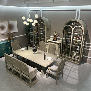 Ensemble de table à manger, chaise et armoire à vin en bois massif de style scandinave, finition brossée antique, style ferme, <span class=keywords><strong>hôtel</strong></span>, restaurant, OEM - Product Image 2