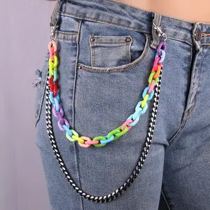 2024 Hot Selling Colorful Acrylic Metal Chain Waist Chain Hip Hop Decorative Keychain Double Layer Pants Chain Fashion Jewelry