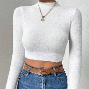 Pulls en tricot courts à col haut mince et respirant vintage pour femmes - Product Image 1