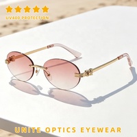 Nouvelles lunettes de soleil tendance de l'été, vente en gros, protection UV, lunettes de soleil vintage de luxe personnalisées pour femmes, petites lunettes ovales sans monture en métal