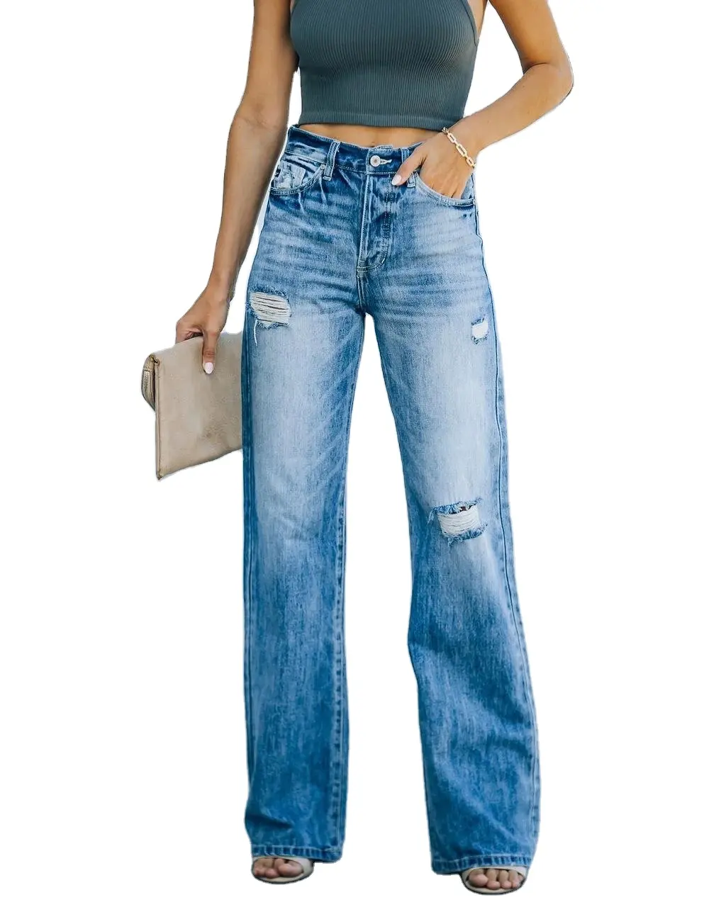 Jeans lunghi strappati lavati alla moda di vendita calda all'ingrosso Jeans da donna Casual Streetwear a vita media con fondo a campana a gamba larga