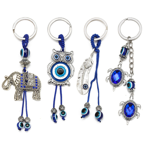 Fashion Metal Feather Elephant Turtle Owl Fatima Hand Pendant Lucky Turkish Blue Evil Eye Keychain for Women