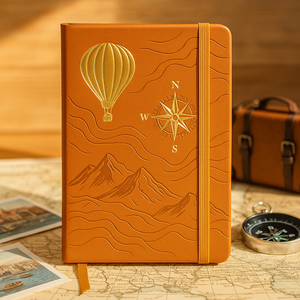 Cuaderno de Viaje Vintage con Diseño de Globo Aerostático y Brújula, en Cuero PU Marrón con Grabado en Relieve, 160GSM, con Banda Elástica - Product Image 2