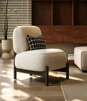 Fauteuil d'appoint moderne en tissu bouclé crème, style Teddy, avec pieds en bois massif noir, pour salon, appartement ou salle de séjour