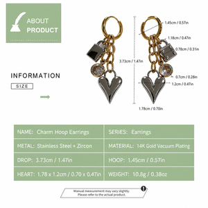 Boucles d'oreilles créoles pendantes en acier inoxydable plaqué or 14K sous vide, avec zircon et motif cœur, en métaux mélangés - Product Image 4
