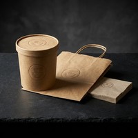 Ensemble écologique de gobelets à soupe en kraft, sacs à poignée torsadée et serviettes |   Pour les nouilles, les hamburgers, les sucettes, les plats à emporter |   Logo personnalisé en relief