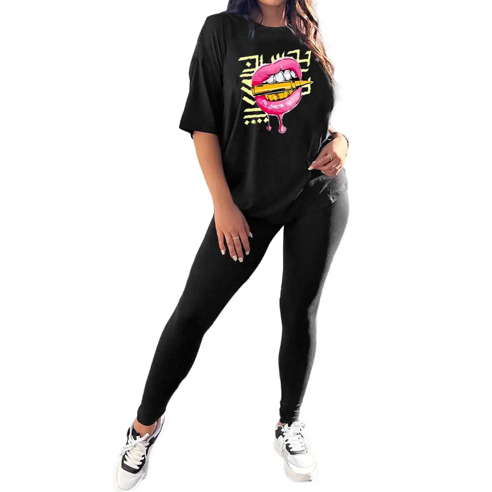 Calças de jogging femininas casuais com estampa de letras, camiseta casual para meninas, roupa de duas peças para corrida