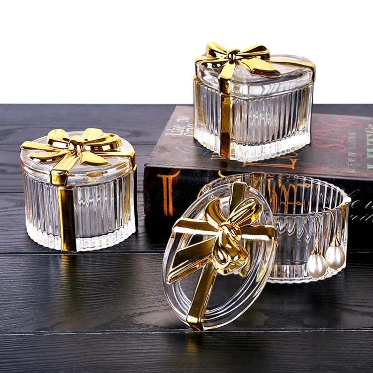 Fashion vintage necklaces glass bow jewelry boxes candy cans light luxury glass jewelry boxes wholesale