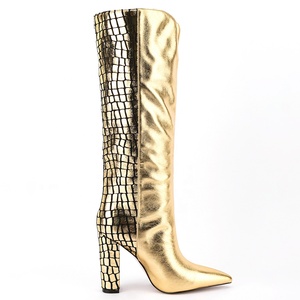 Bottes hautes pour femmes, grande taille 47, imprimé pierre dorée, patchwork, talon épais, sur bottines longues multicolores - Product Image 3