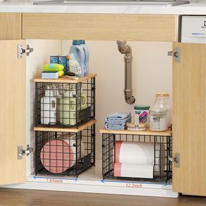 ที่ใส่ถุงขยะ2แพ็คตะกร้าลวดซ้อนได้พร้อมฝาไม้ไผ่สำหรับผู้จัดครัวและจัดเก็บ - Product Image 6