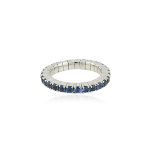 Anillo de eternidad elástico de oro blanco con zafiro azul de talla brillante redonda, elegante anillo de eternidad fabricado con oro blanco pulido. - Product Image 2