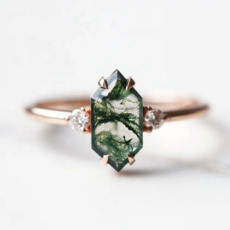 Boho Gemstone Ring Large Moss Agate Ring 925 Sterling Silver Cubic Zirconia Natural Green Moss Agate Ring