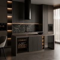 Meuble de cuisine moderne en acier inoxydable noir cannelé, îlot modulaire écologique avec panneau nervuré, appareils intégrés et évier en marbre