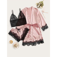 Vente en gros Vêtements de nuit en satin de soie et dentelle Shorts Ensemble pyjama 3 pièces pour femmes avec peignoir