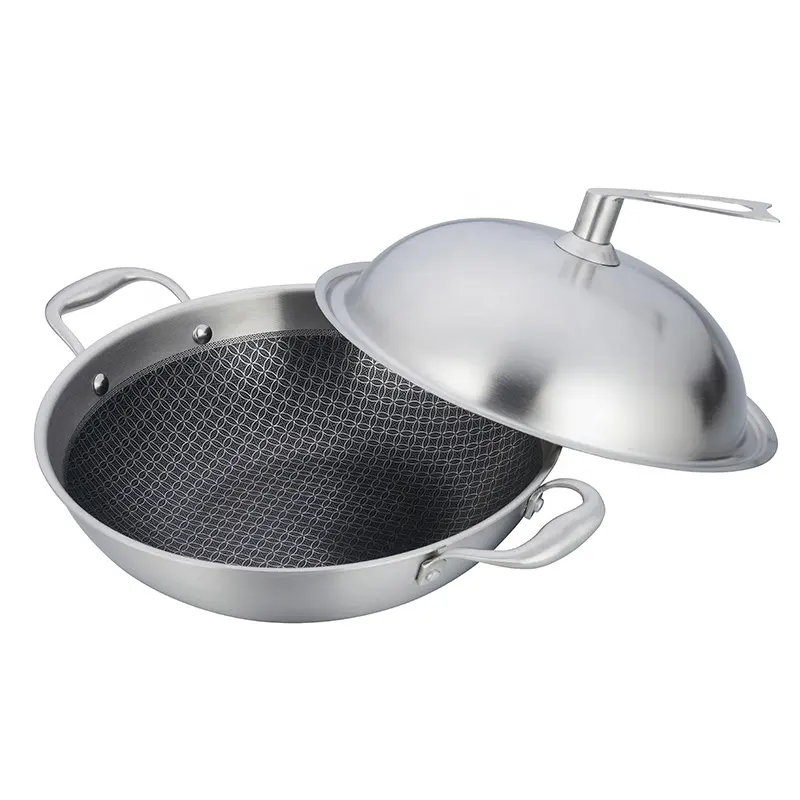 Kim Loại Tròn 38Cm Nấu Ăn Wok Pan Với Đáy Tổ Ong Thép Xử Lý