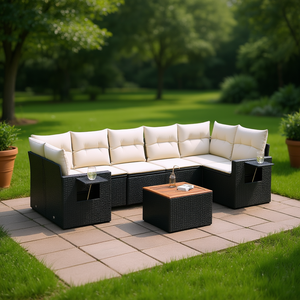 Cream White And Black Garden Sofa <b>Set</b> 6 Seater Outdoor Rattan Furniture Contemporary Design With <b>Side</b> <b>Tables</b> - Product Image 2