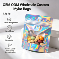 Sacs en Mylar personnalisés en gros OEM ODM, forme sur mesure, 3,5g 7g, holographiques laser, anti-odeur, refermables, pour emballage de biscuits, bonbons, fruits et aliments