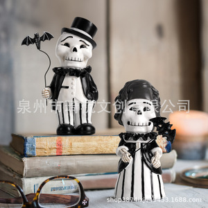 Ornement en résine de couple de squelettes d'Halloween avec chauve-souris, décoration intérieure pour entrée de maison, meuble TV, cadeau - Product Image 2