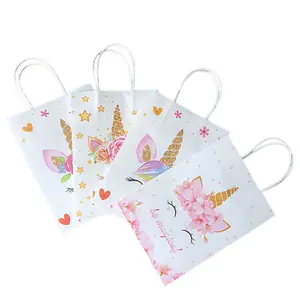 Sac en papier Kraft blanc pour fête, pochette cadeau avec motifs licorne, dessin animé, pour anniversaire, nouveau, 1 pièce