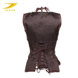 Retro Women <strong>Clothing</strong> Brown <strong>Steam</strong> <strong>Punk</strong> Brocade Bustier Corset With Jacket and Detachable Pocket - Product Image 6