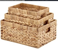 Nouvelle Arrivée 2022 Panier Rectangulaire Tressé en Jacinthe d'Eau Fait Main Petit Grand Panier de Rangement en Paille Poignées en Bois Motif PC