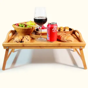 Mesa de centro otomana de servicio de alimentos para restaurante, bandeja de cama de decoración rectangular, asas ahuecadas Extra grandes, bandeja de madera de bambú para servir