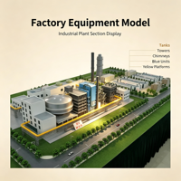 Conception de modèles 3D d'équipements industriels pour hôtels, réservoirs, tours, cheminées, unités bleues, plateformes jaunes, routes, ceinture verte, ABS