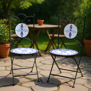 Sillas de jardín plegables de cerámica azul y blanca, estilo mediterráneo, con estructura de acero, juego de 2 muebles de exterior. - Product Image 2