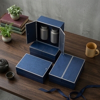 Boîte Cadeau de Luxe Écologique Bleu Profond et Argenté pour Thé, Emballage Rigide à Double Porte avec Insert en Velours pour Service à Thé Premium